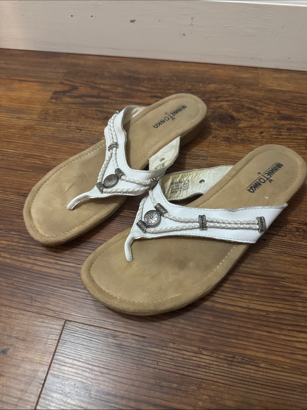 Minnetonka White Braided Thong Sandals with Silver Accents